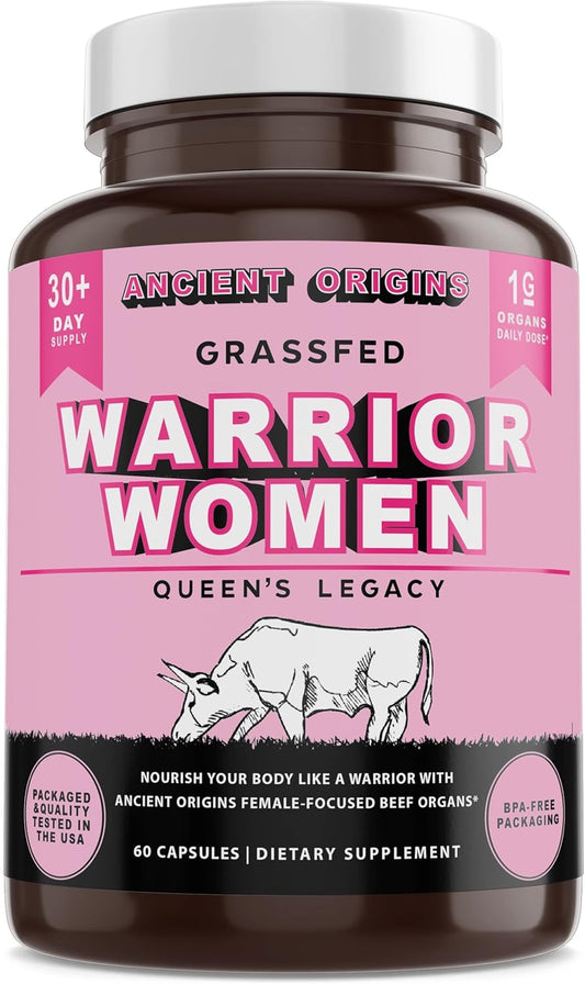 Warrior Women's Beef Organ Superfood Supplement (Beef Heart, Liver, Colostrom & 4 More) - 100% Grass Fed & Grass Finished - Balance Hormones, Energy, & More for Women (60 capsules, 500 mg each)