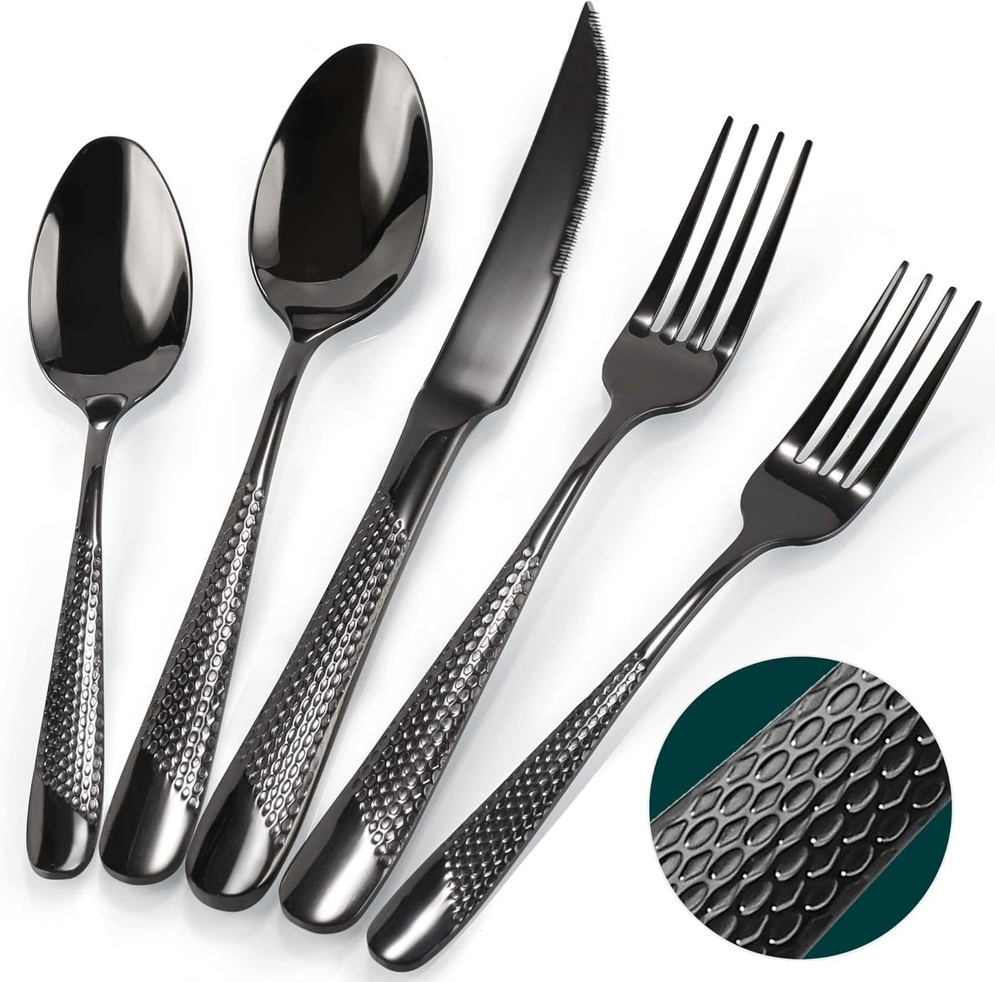 PUREAIN Silverware Set, 30 Pieces Black Hammered Flatware Set for 6, Mirror Polished Stainless Steel Cutlery Set for Home, Kitchen, Restaurant and Hotel, Dishwasher Safe