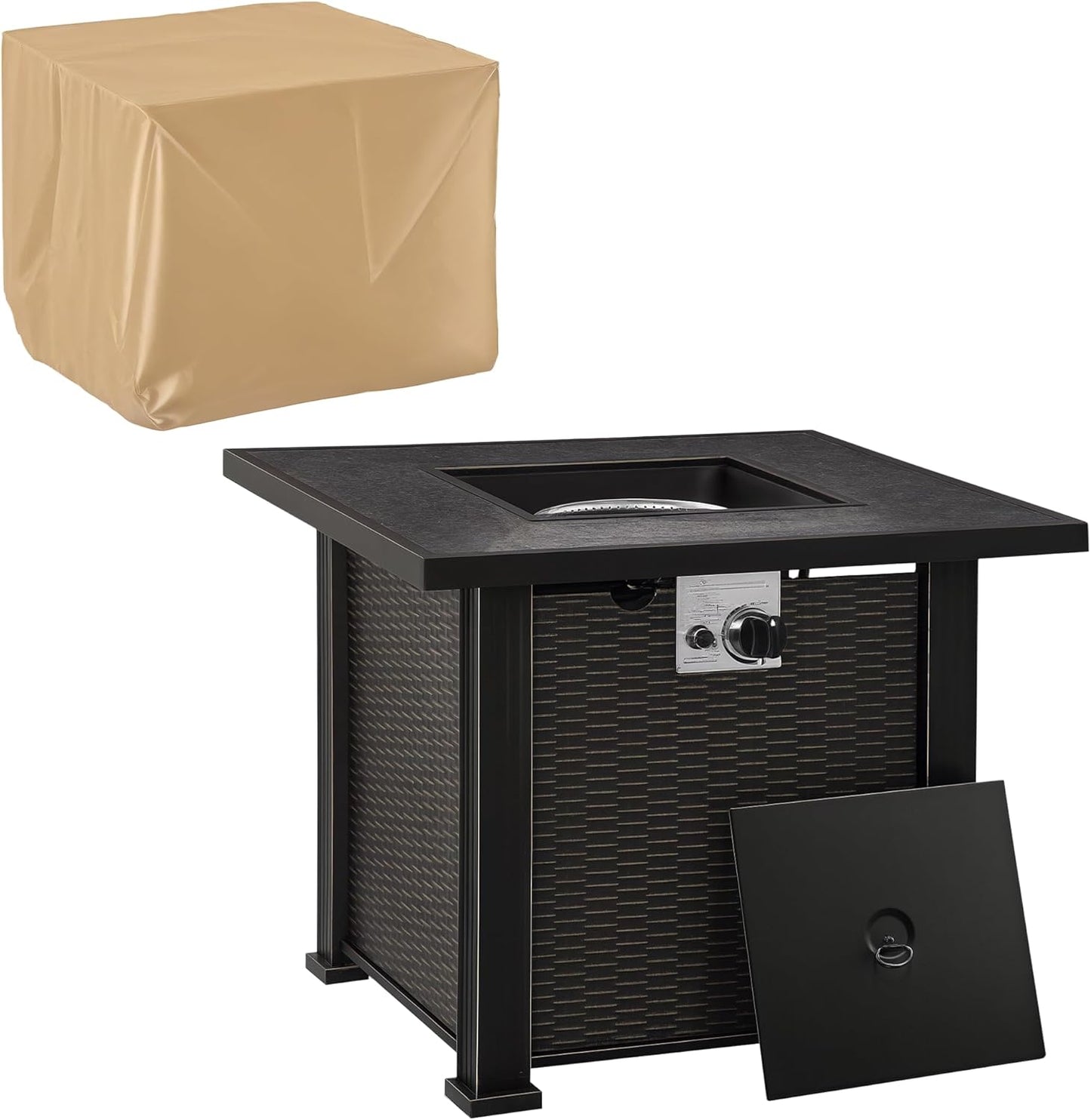 Outsunny 30 Inch Outdoor Propane Gas Fire Pit Table, 50,000 BTU Auto-Ignition Square Wicker-Effect Gas Firepit with Ceramic Tabletop, Lid, Lava Rocks & Rain Cover, CSA Certification