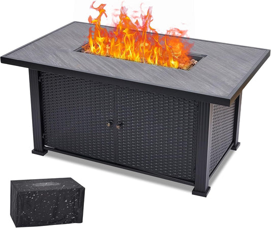 52 Inch Propane Fire Pit Table, 50000BTU Outdoor Gas Fire Pits Rectangular with Rain Cover, Sturdy Steel and Iron Fence Surface,Companion for Outside Patio Deck Garden
