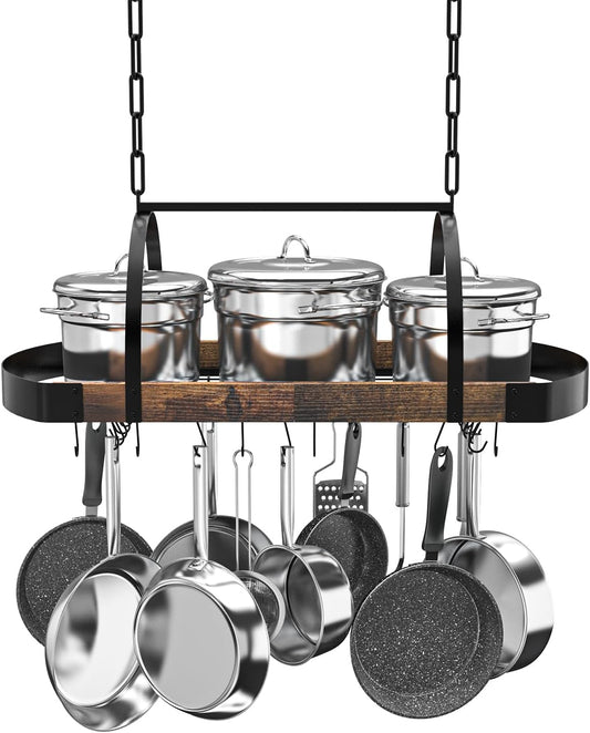 Hanging Pot Rack,32-Inch Ceiling Pot Rack for Kitchen,Space-Saving Pot Hanger with 16 Detachable S Hooks,Sturdy Metal Frame,Industrial Style,for Pot, Pan Storage,Space-Saving