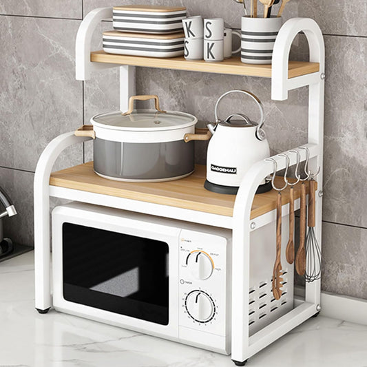 Dxcaicc 2 Tier Wooden Microwave Stand,Microwave Shelf Countertop with Hooks,Kitchen Storage Shelf for Electrical Appliances,Tableware, Condiments,C
