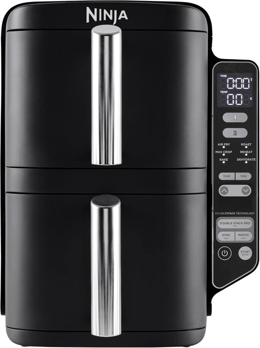 Ninja Double Stack Air Fryer, 2 Drawer Vertical Oil Free Deep Fryer, 4 Cooking Levels, 2 Drawers and 2 Racks, Compact Design, 7.6L Capacity, 6 Cooking Functions, 6 Portions, Black SL300EU