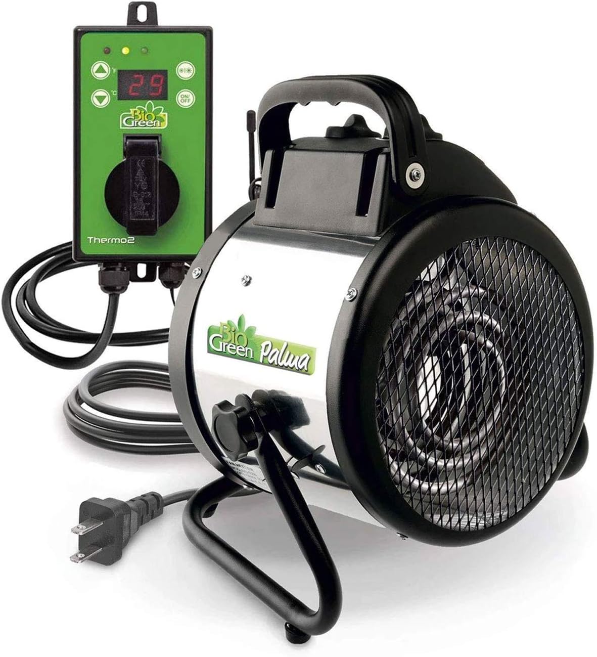 BioGreen Electric Greenhouse Heater & Fan with Digital Thermostat PALMA | 1500 Watts, 5100 BTU\/hr | 5800 ft³\/h Air Circulation -58 to 210.2°F | Stainless Steel | Spraywater Proof