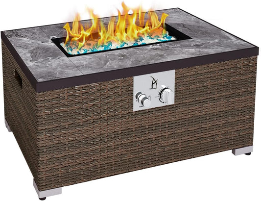 32'' Propane Fire Pit Table, Marble Textured Ceramic Tabletop, 50,000 BTU Fire Table with Brown Wicker, Mix Color Glass Rocks, Including Lid&Cover, Rectangle, Tank Required to Be Kept Outside