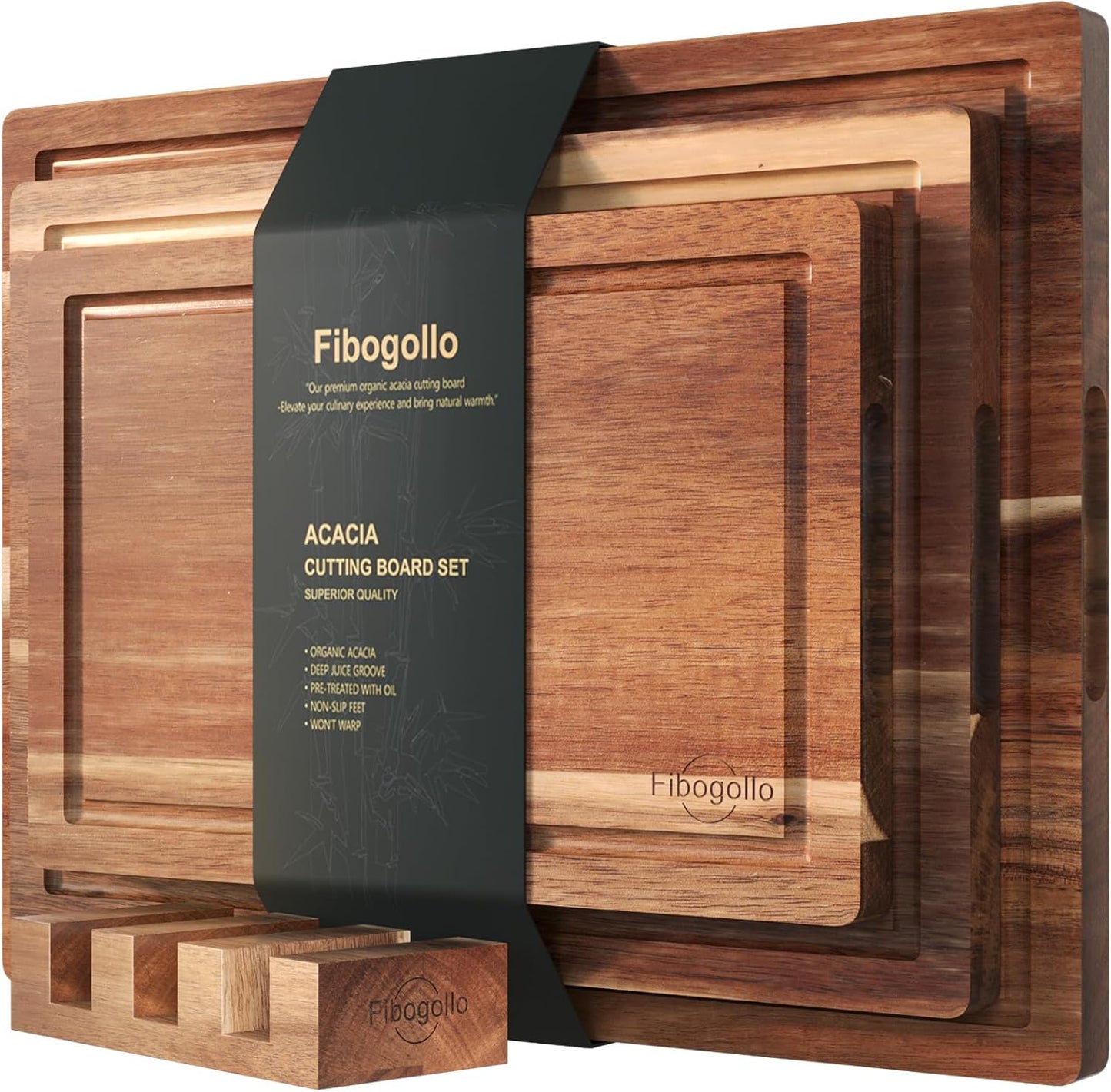 Acacia Wood Cutting Boards for Kitchen(Set of 3),Wooden Chopping Boards Set with Juice Groove, Large Serving Board with Holder,Butcher Block for Meat,Vegetables,Fruit