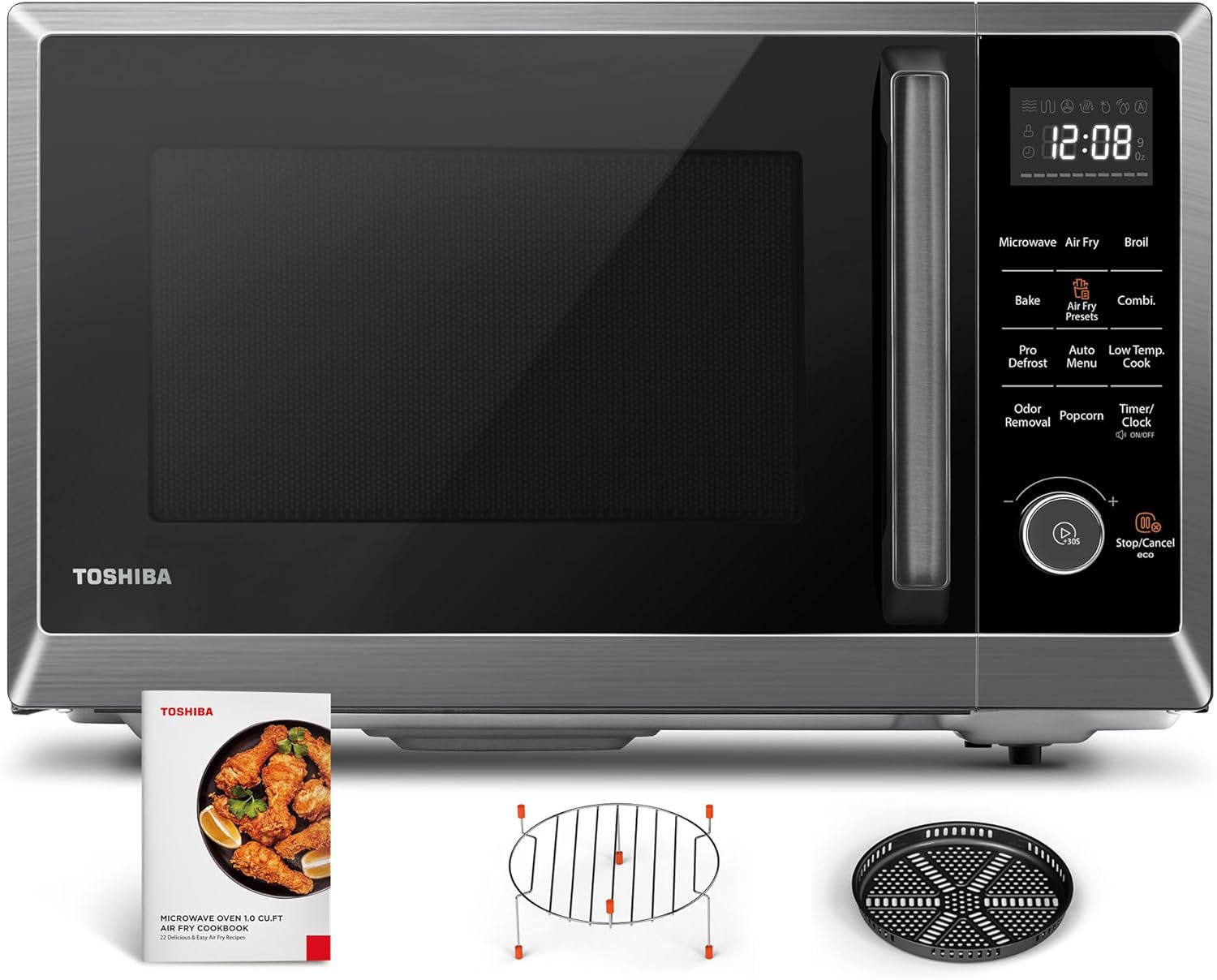TOSHIBA Air Fryer Combo 8-in-1 Countertop Microwave Oven, Convection, Broil, Odor removal, Mute Function, 12.4" Position Memory Turntable with 1.0 Cu.ft, Black stainless steel, ML2-EC10SA(BS)