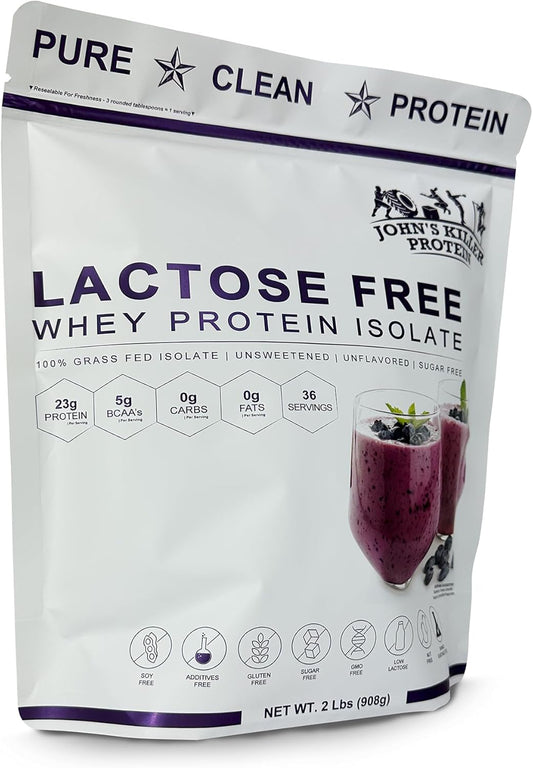 John's Killer Protein Ultra Low Lactose Grass Fed Isolate, 2 lb, Unflavored, Unsweetened.