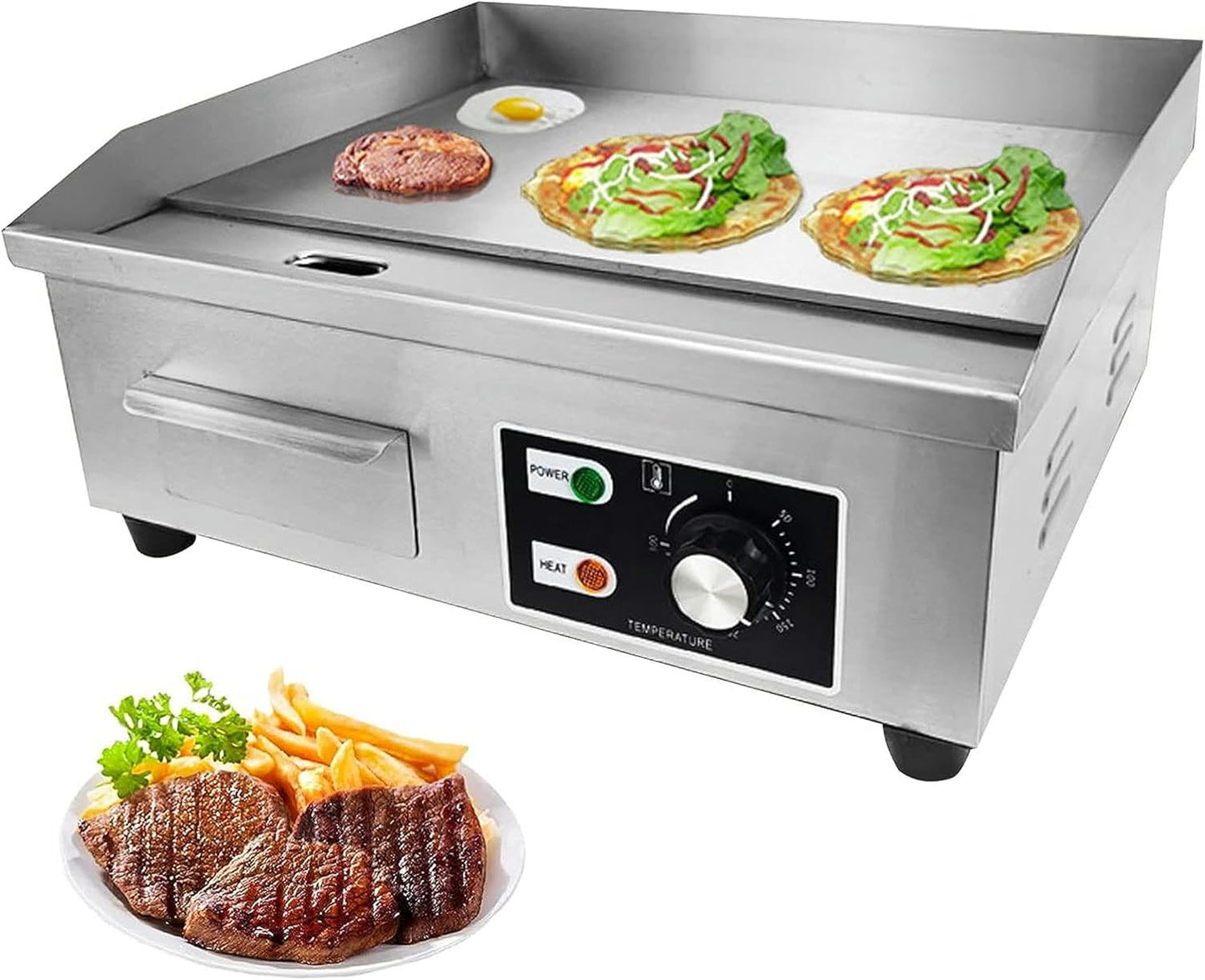 Electric Commercial Griddle Plate, 2500W Electric Countertop Flat Top Griddle with Adjustable Thermostat Removable Oil Drawer Splash Guards, Stainless Steel Restaurant Grill for Kitchen