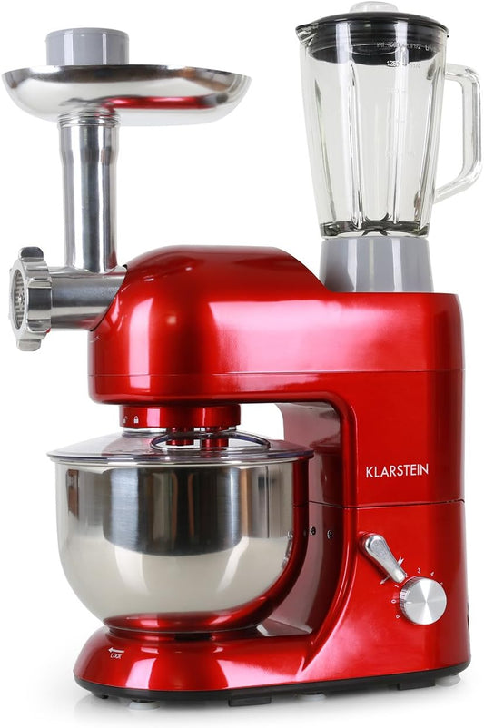 Klarstein Lucia Rossa Robot de cuisine multifonction - Robot ménager complet Hachoir à viande, Mixeur, Batteur, Fouet (1200W, bol 5 litres, 6 vitesses) - Rouge