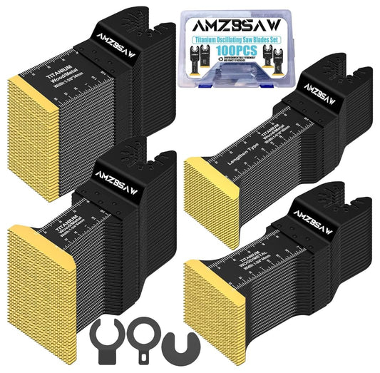 AMZBSAW 100PCS Titanium Oscillating Multitool Blades Metal Cutting, Multi Tool Blades Kits for Metal Nails Wood Plastic and Hard Material, Saw Blades Fit Milwaukee Ryobi Dewalt Bosch, 4 Types