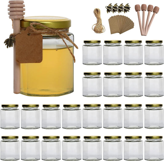 Woaiwo-q 6 oz Hexagon Glass Honey Jars, Glass Jars with Gold Lids,Bronze Bee Pendants,Wooden Honey Sticks,Small Tags,1.5m Jute Twine -Clear Hexagon Jars for Honey,Jams, Liquid.(25 Pcs)\u2026\u2026