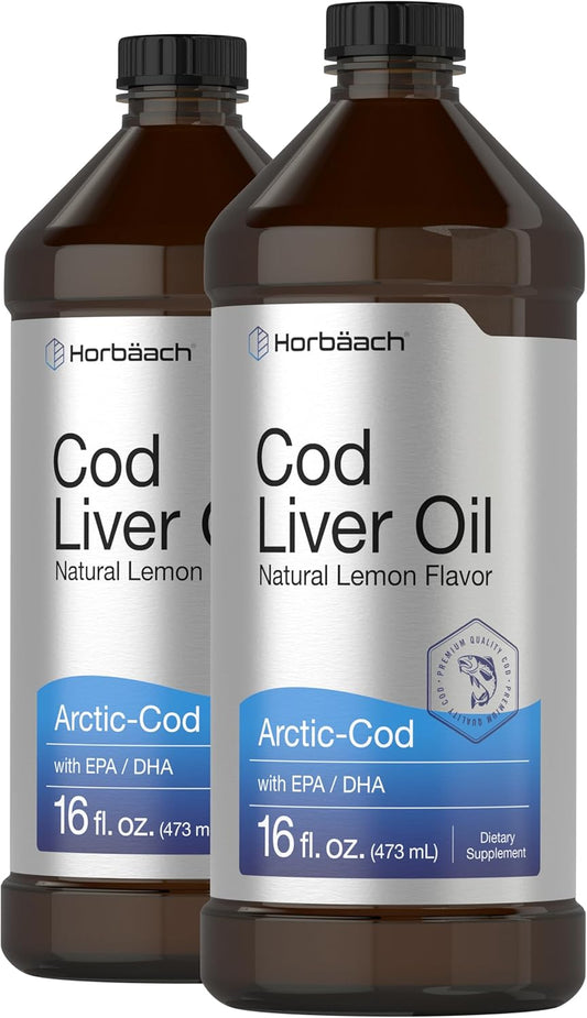 Horbäach Arctic Cod Liver Oil with EPA/DHA | 2 x 16 fl oz | Natural Lemon Flavor | Non-GMO & Gluten Free Liquid Supplement