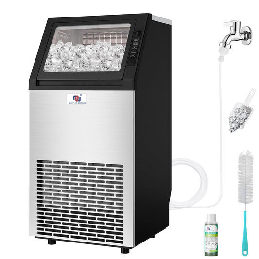 Freestanding Ice Maker Machine - 100 lbs\/Day Under-Counter Stainless Steel Ice Maker with 26 lbs Storage, Self-Cleaning, Automatic Inlet Water Line for Clear Ice Cube & Chilled Water for Business