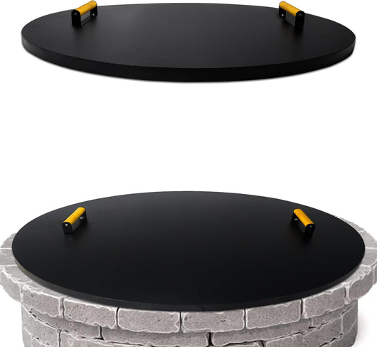 Simond Store Fire Pit Cover Round 38" - Rust Resistant 1.5mm Powder Coated Carbon Steel Firepit Lid with 2 Ergonomic Wooden Handles - Compatible for Fire Pit Inside Dia Up to 36"