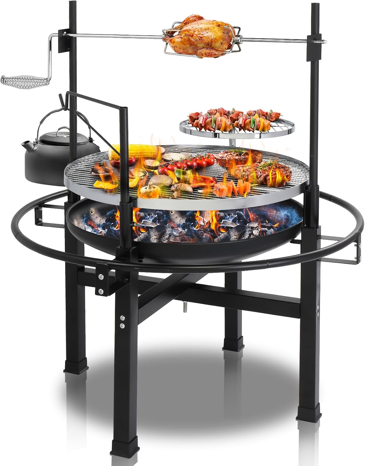 VINGLI 33 Inch Outdoor Fire Pit with 2 Grills, Wood Burning Firepit with Swivel Cooking Grate, Removable Swivel Grill for Backyard Patio Outside Picnic BBQ