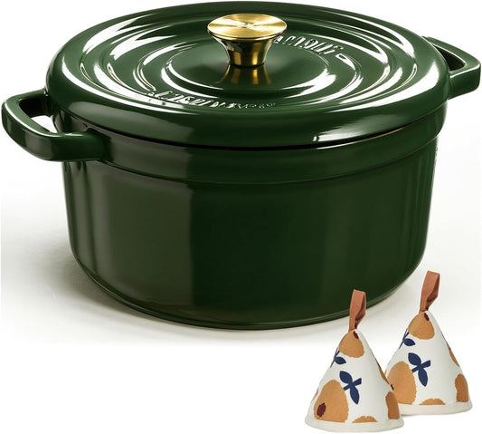 Overmont Enameled Cast Iron Dutch Oven - 5QT Pot with Lid Cookbook & Cotton Potholders - Heavy-Duty Cookware for Braising, Stews, Roasting, Bread Baking moss