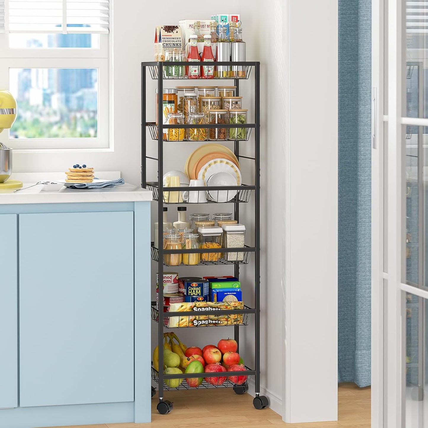 Fruit Vegetable Basket for Kitchen, 6 Tier Fruit and Vegetable Storage Cart, Metal Wire Storage Baskets with Wheels, Small Rolling Cart Organizer Rack for Pantry, Living Room, Bathroom