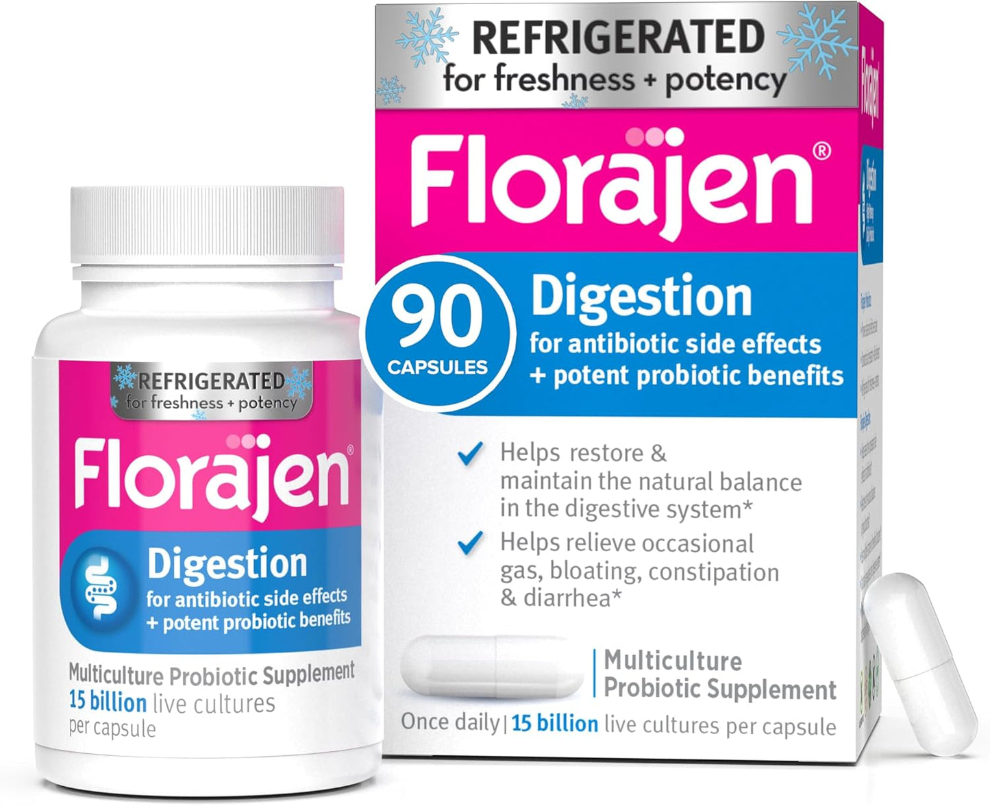 Florajen Digestion Probiotic - Gut Health Supplement for Bloating, Constipation, & Digestive Relief - 15 Billion Live Cultures - Multi-Strain Formula - Refrigerated for Freshness - 90-Count
