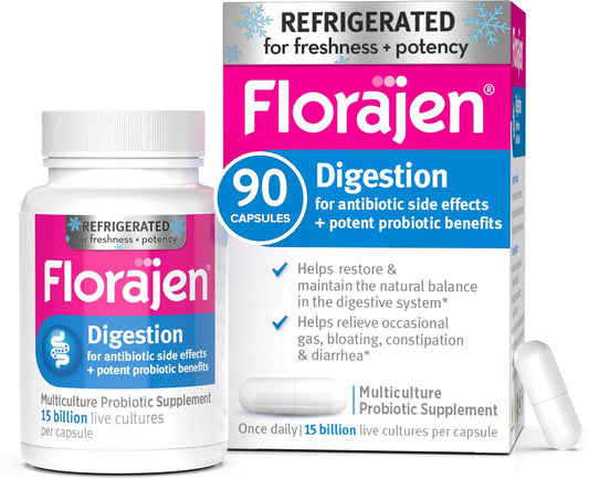 Florajen Digestion Probiotic - Gut Health Supplement for Bloating, Constipation, & Digestive Relief - 15 Billion Live Cultures - Multi-Strain Formula - Refrigerated for Freshness - 90-Count