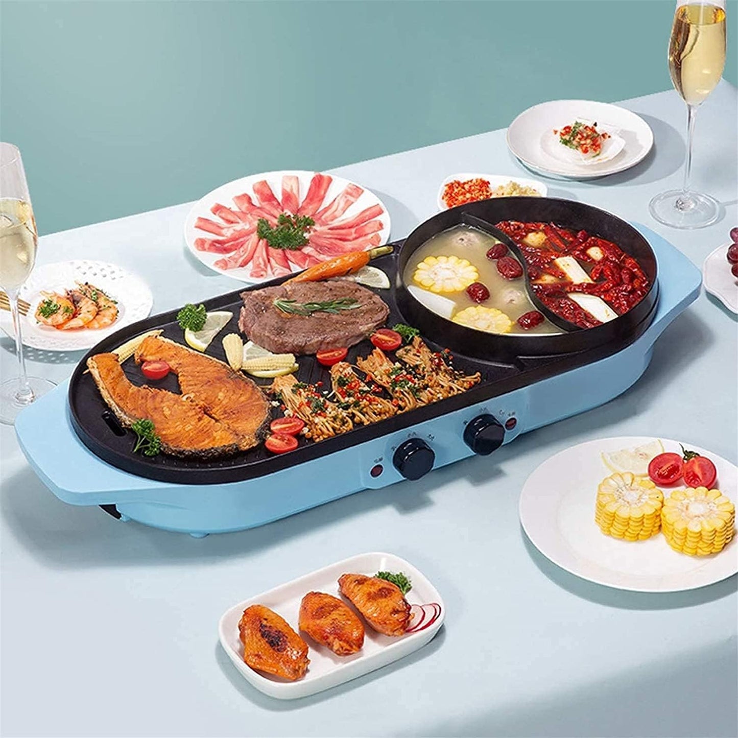 Indoor Korean Barbecue Grill Indoor Korean Bbq Grill, Portable Electric Grill, Electric Barbecue Pot, Teppanyaki Grills, for Household Dinner And Entertainment Party,Portable Nonstick Griddle