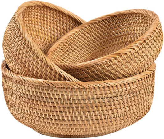 Rattan Bread Basket, Hand Woven Fruit Basket, Wicker Serving Basket Bowl, Decorative Baskets for Kitchen Counter Organizing, Set of 3 (Round)