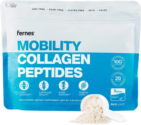 Fernes Mobility Collagen Peptides Powder - Glucosamine, Chondroitin, Hyaluronic Acid & Liposomal Vitamin C Joint Bone & Cartilage Support Grass-Fed Type I & III Keto & Paleo 28 Servings, 11.83 oz