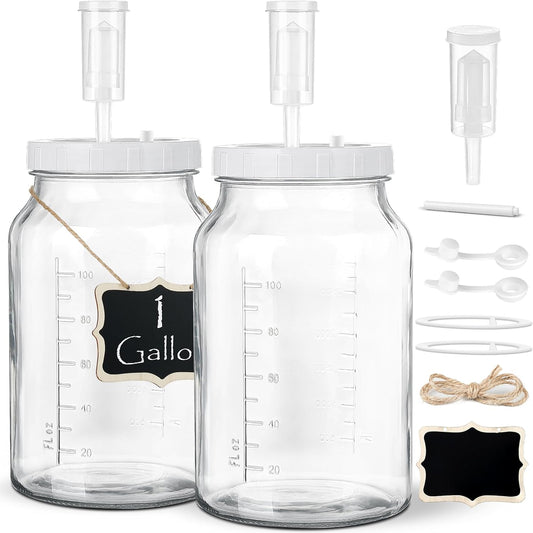 2 Pack 1 Gallon Large Fermentation Jars with 3 Airlocks and 2 SCREW Lids(100% Airtight Heavy Duty Lid w Silicone) - Wide Mouth Glass Jars w Scale Mark - Pickle Jars for Sauerkraut, Sourdough Starter