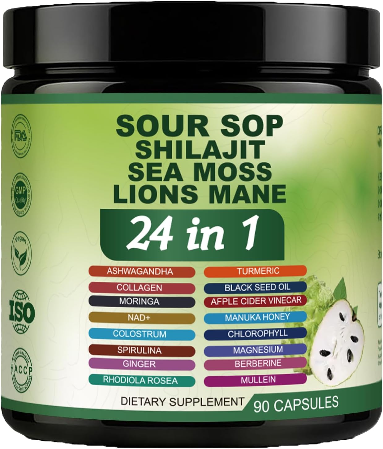 24 in 1 Soursop Capsules - Graviola Soursop Capsules with Shilajit, Sea Moss, Lions Mane, Turmeric, Ashwagandha, Vegan, Ginger & Manuka Honey and More, Non-GMO, 90capsules