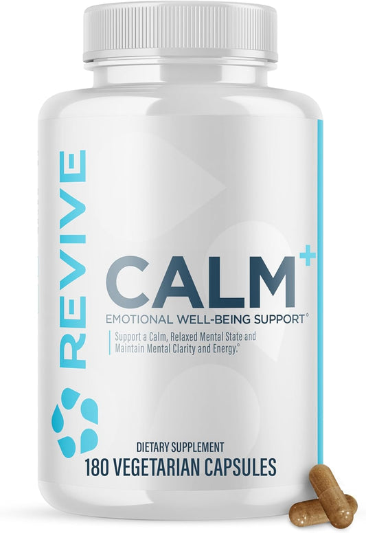 Revive MD Calm, Emotional Well-Being Support Supplement - Stress Management for Men & Women - Mood Enhancement Supplement Promotes Relaxation with L-Theanine, GABA & 5-HTP - 180 Capsules