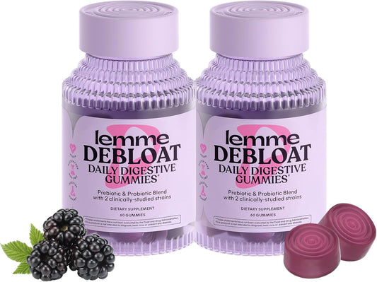 Lemme Debloat - Digestive & Gut Health Gummies with 2 Clinically Studied Probiotics & Prebiotic, Vegetarian, Gluten Free, Non GMO, BlackBerry Flavor (60 Count) (Pack of 2)