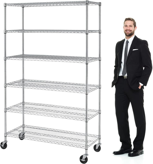 Heavy Duty 6 Tier Shelving Unit Adjustable 6000Lbs Capacity Steel Storage Rack 18" x 48 x 76 Mobile Shelves Wire Shelf Silver Rolling Utility Cart for Pantry Garage Kitchen, Chrome