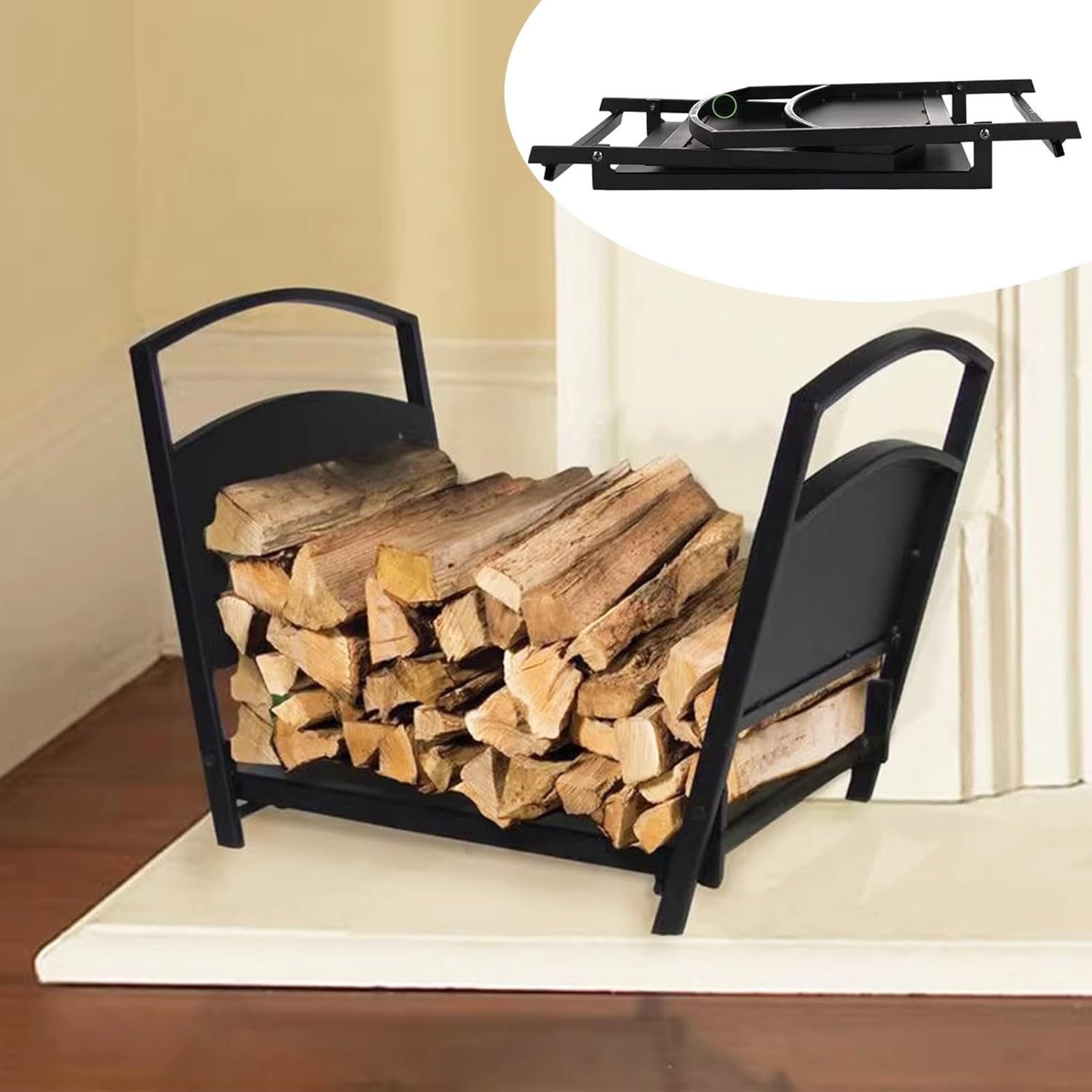 Metal Firewood Holder Log Carrier with Convenient Handle, Foldable Fireplace Firewood Rack, Firewood Storage Stand for Indoor/Outdoor/Firepit