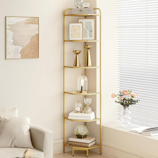 Hzuaneri Corner Shelf Stand, Glass Bookshelf Bookcase, Bathroom Organizer, Plant Stand, Steel Frame, Tempered Glass, Modern Style for Living Room, Bathroom, Kitchen, 6-Tier Golden CS90600G