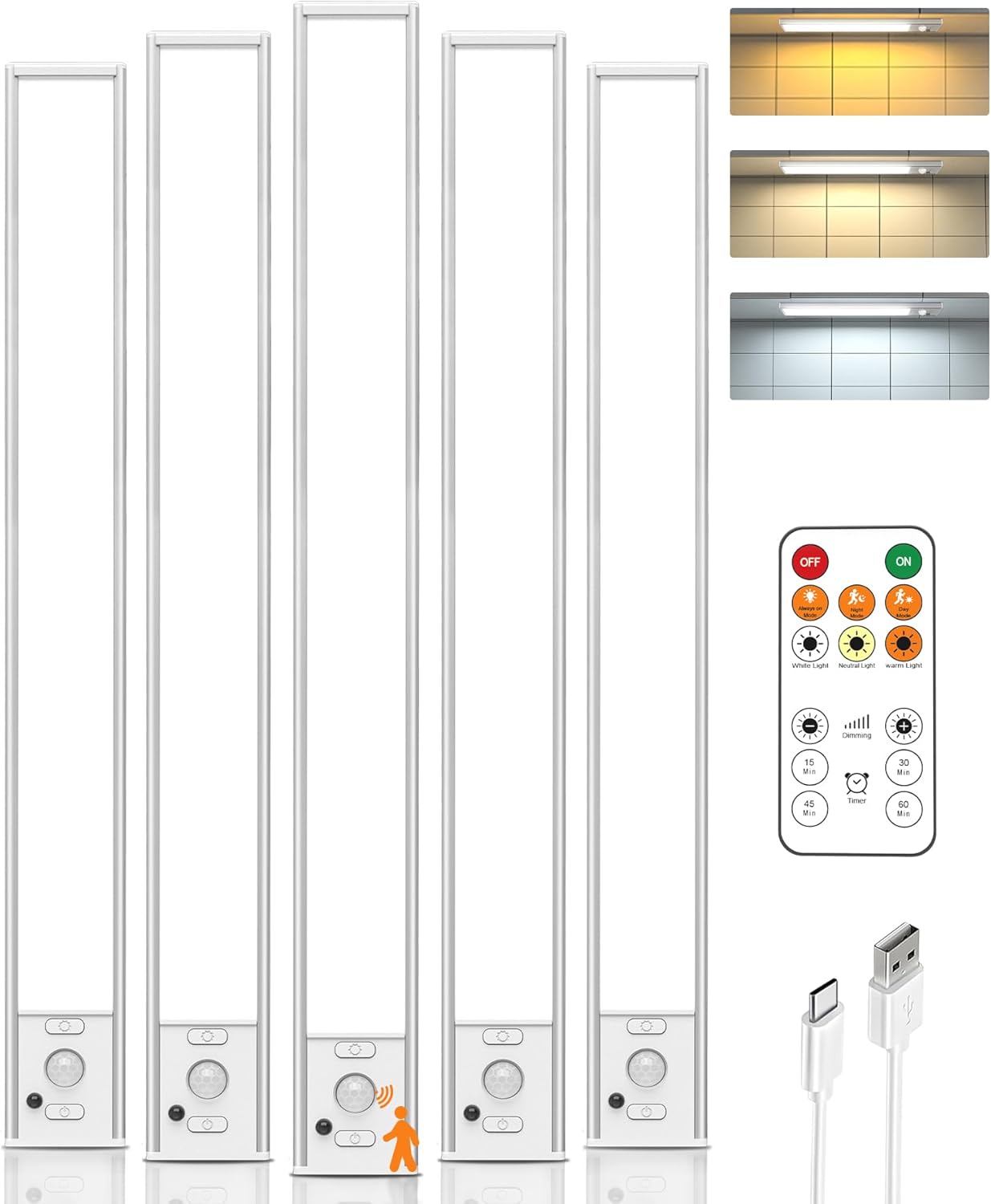 16in Under Cabinet Lighting Wireless, 160 LED Motion Sensor Light Indoor, Rechargeable Closet Lights with Remote Control, 3 Color Temps Under Counter Lights for Kitchen, Pantry, Stair, 5 Pack
