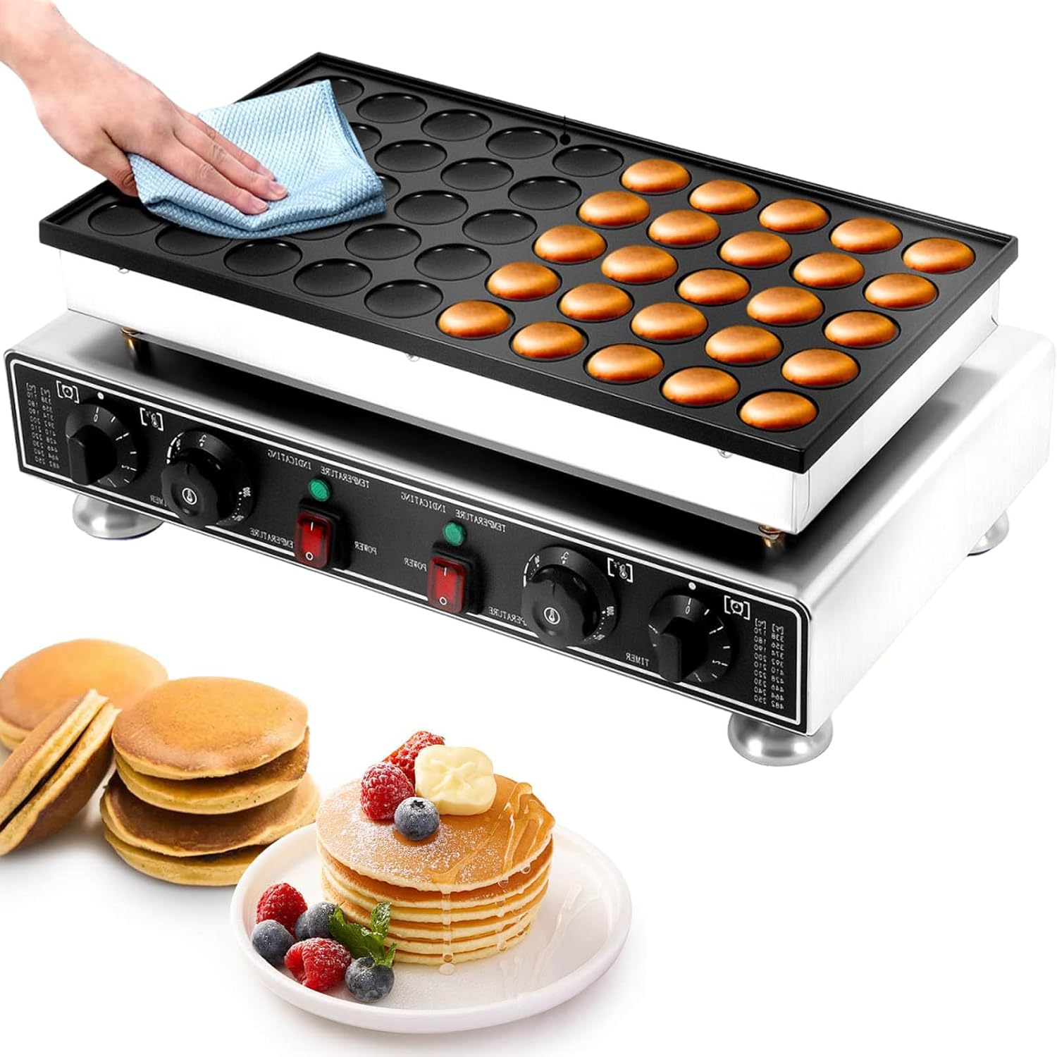 Sunseota Mini Dutch Pancake Maker, 25\/50PCS 1.8 in Diameter Dorayaki Baker Machine, 900W\/1800W Commercial Electric Poffertjes Grill, Non-Stick Stainless Steel, Temp & Time Control, for Home 50holes