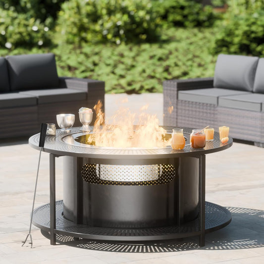 Kullavik 37 Inch Surround Tabletop with 25 Inch Outdoor Smokeless Fire Pit,Stainless Steel Firepit with Weather Resistant Cover,Wood Burning Fire Pit for Outside