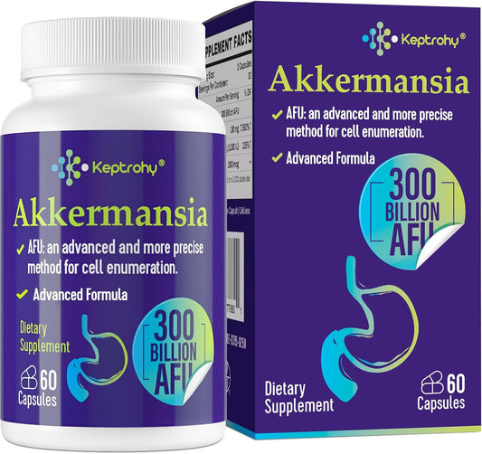 Keptrohy 300 Billion AFU Akkermansia Probiotic for Women & Men, 6-in-1 Akkermansia Muciniphila, 60 Count