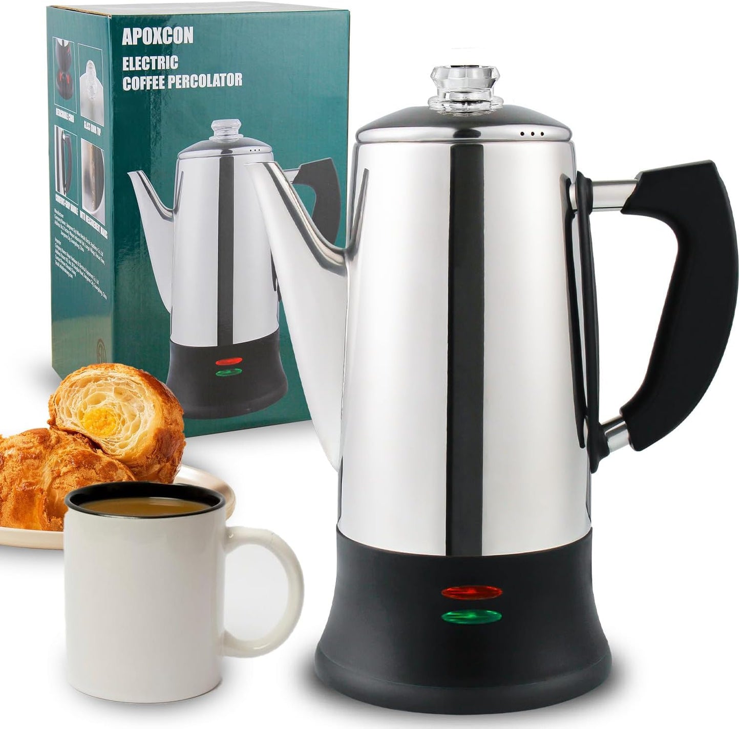 APOXCON Electric Coffee Percolator Stainless Steel Coffee Maker with Two Heat Resistant Tough Glass Clear Brew Progress Knob Classic Look Keep Warm & Cordless Serving Coffee Pot 12 Cup