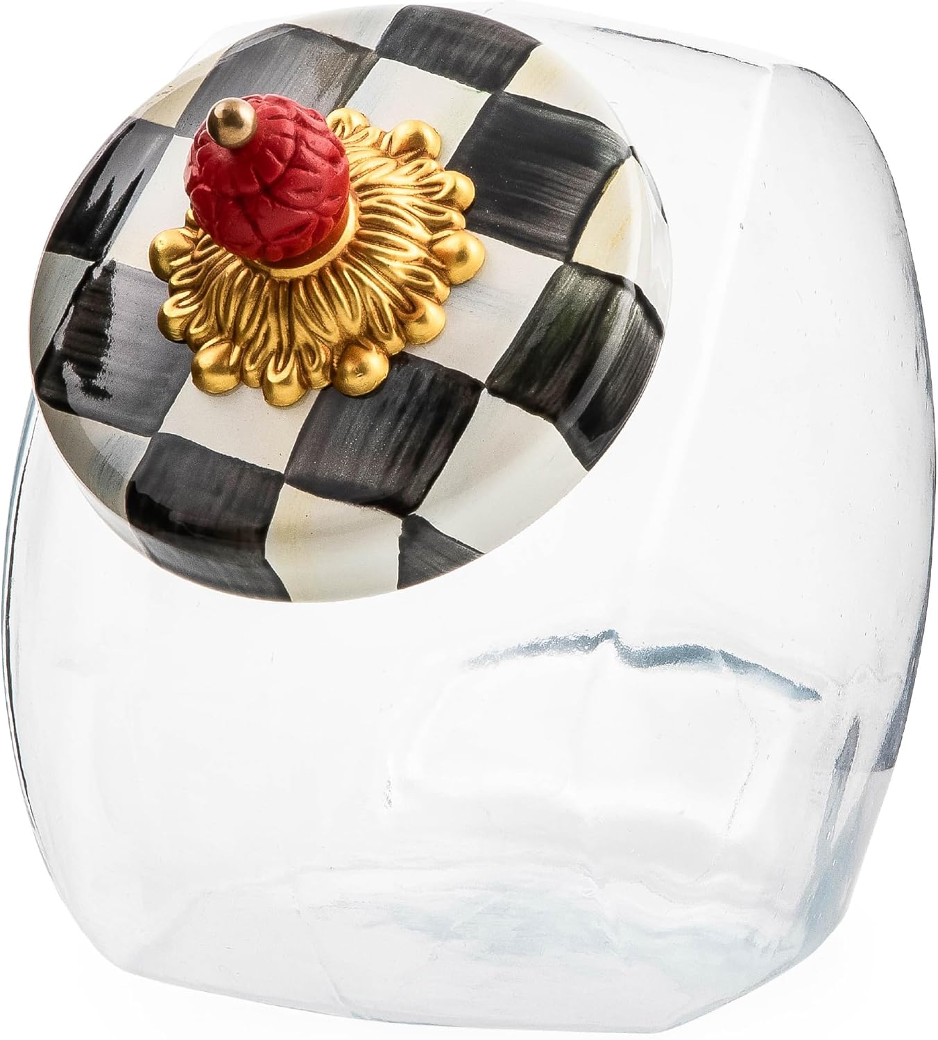 MACKENZIE-CHILDS Sweets Jar with Enamel Lid, Small Glass Cookie Jar or Kitchen Jar, 0.5-Gallon Capacity, Black-and-White Courtly Check