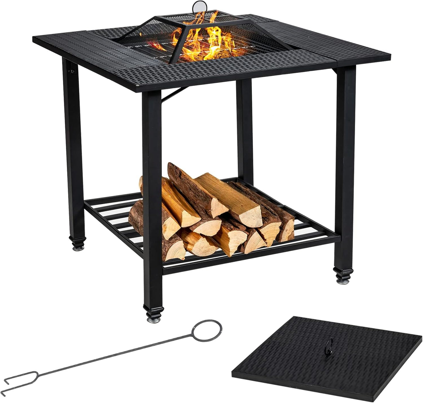Tangkula 4 in 1 Outdoor Fire Pit, Heavy Duty Metal Square Wood Burning Fire Pit with Spark Screen Cover, Removable Lid, Cooking Grate, Log Grate and Fire Poker, BBQ Garden Fireplace for Heating