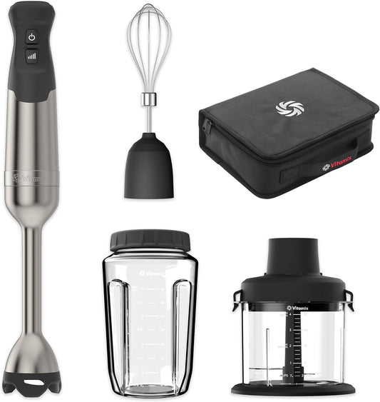 Vitamix 5-Speed Immersion Blender 5-Piece Bundle, 625-Watt Motor, One-Handed Operation, 5 ft cord, includes Mini-Chopper, Blending Jar, Whisk Attachment & Storage Case, Stainless Steel/Black