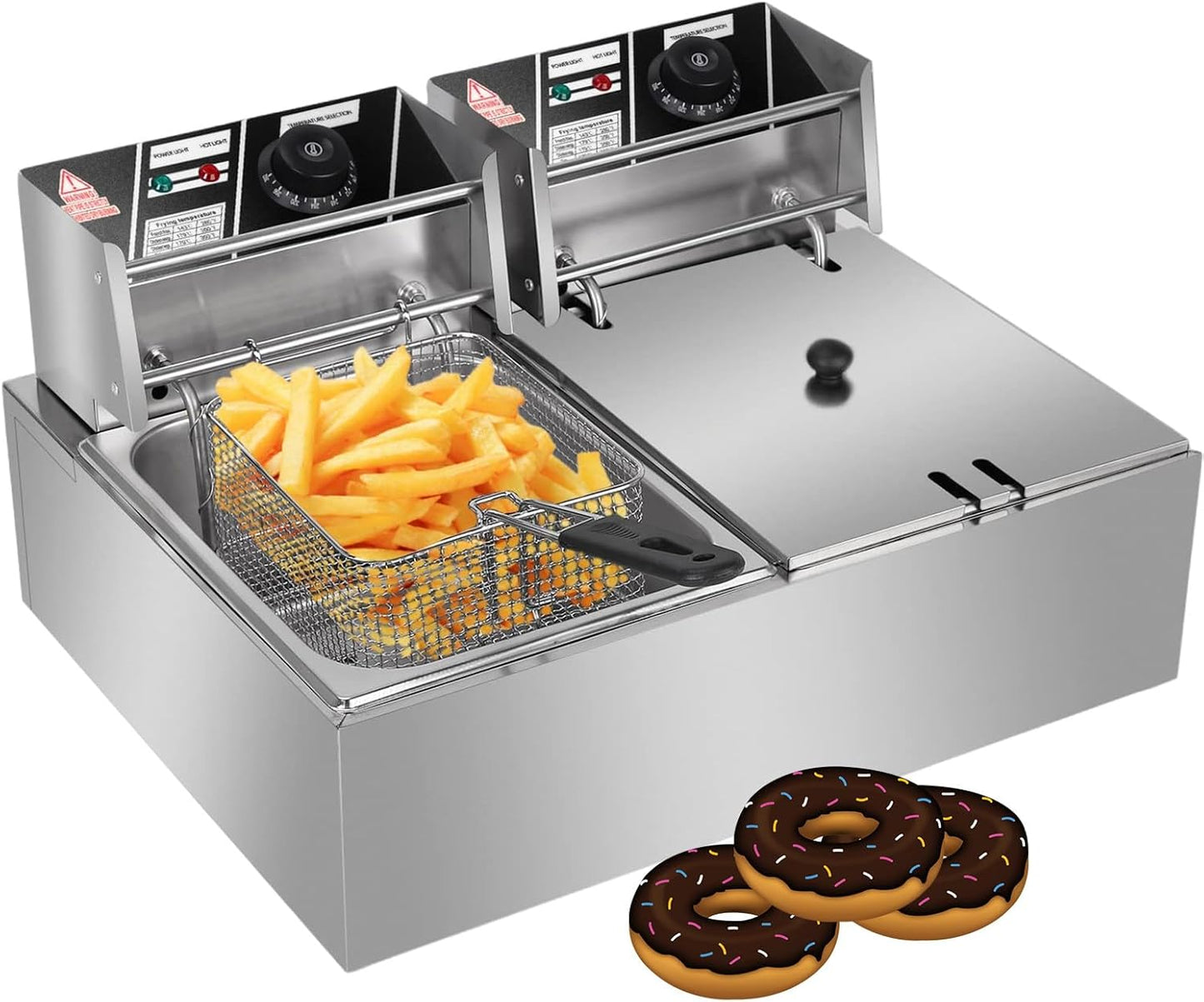 Commercial Deep Fryer with Temperature Control - Double Tank - Stainless Steel Chip Frying Machine for French Fries Donuts Fast Food Stands Restaurants