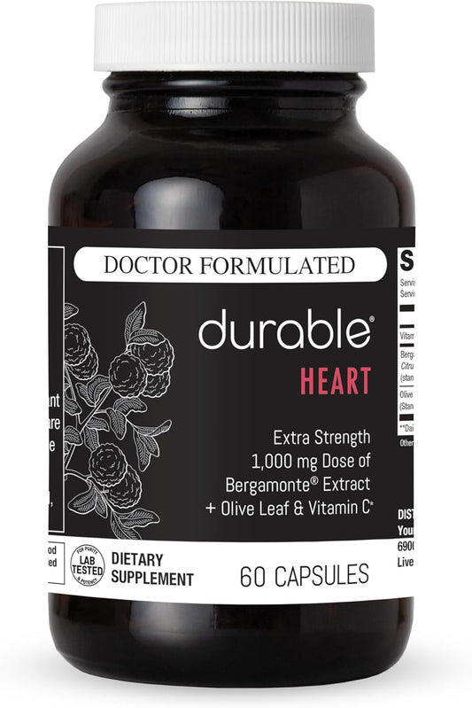Durable Heart \u2013 Bergamonte Citrus Bergamot 1,000 mg + Olive Leaf Extract + Vitamin C - Heart Health Supplement for Healthy Cholesterol - Doctor Formulated, Vegan, Non-GMO, Made in USA (60 Capsules)