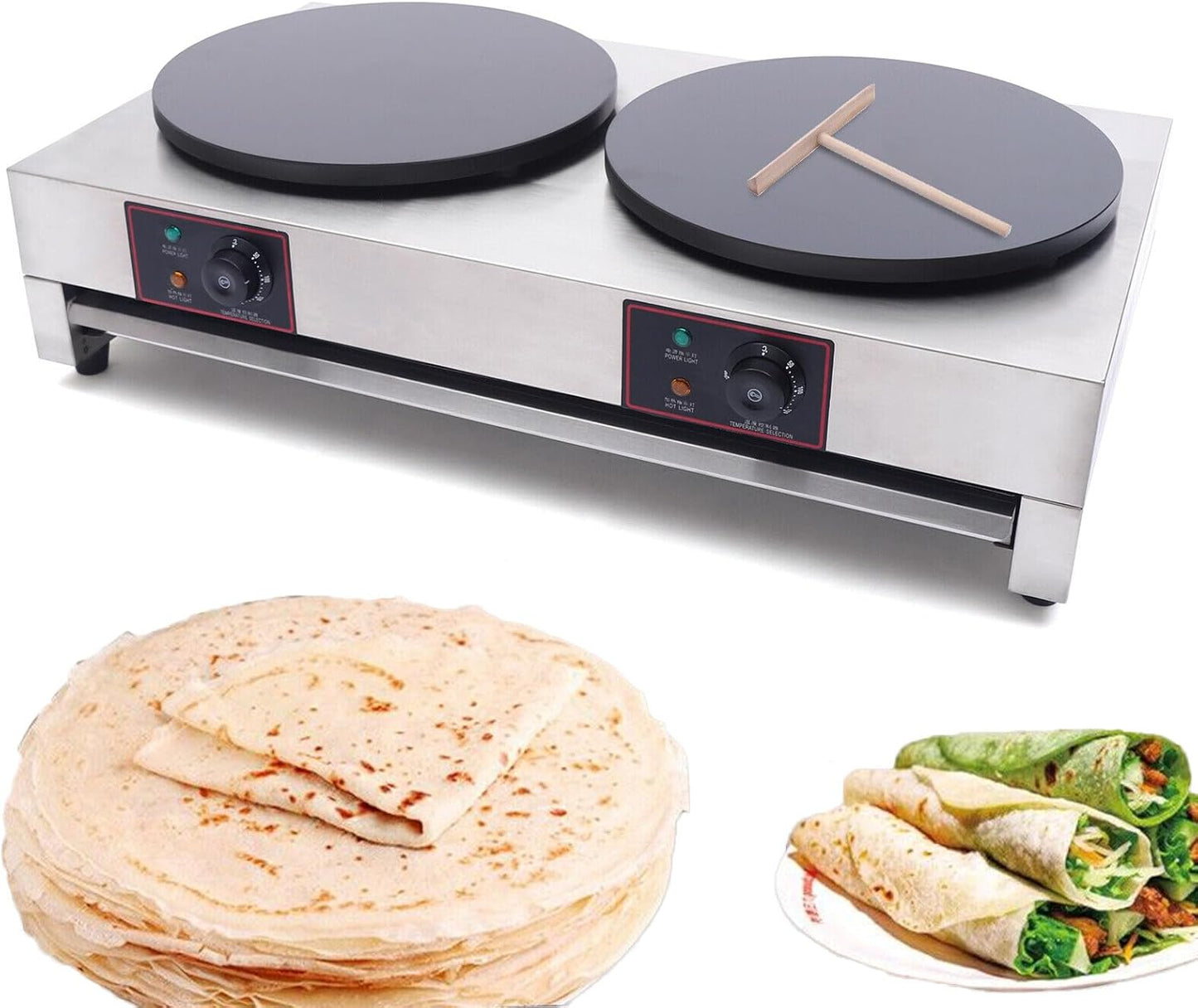 16in Commercial Electric Crepe Maker Double Hotplate Nonstick Pancake Machine Adjustable Temperature Contro 50-300℃(122-572℉) 3.4kw 2-Burners