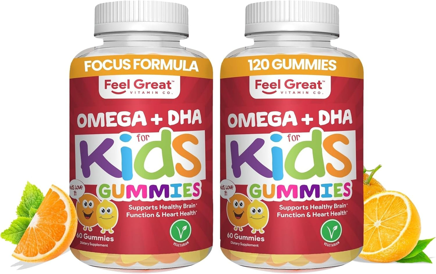 Feel Great Vitamins Kids DHA Gummies with Omega 3 6 9, Vitamin C (2-Pack) | Supports Healthy Brain Function, Vision & Heart Health | Gluten Free, Vegetarian | 60 Gummies