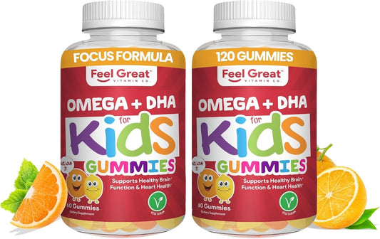Feel Great Vitamins Kids DHA Gummies with Omega 3 6 9, Vitamin C (2-Pack) | Supports Healthy Brain Function, Vision & Heart Health | Gluten Free, Vegetarian | 60 Gummies