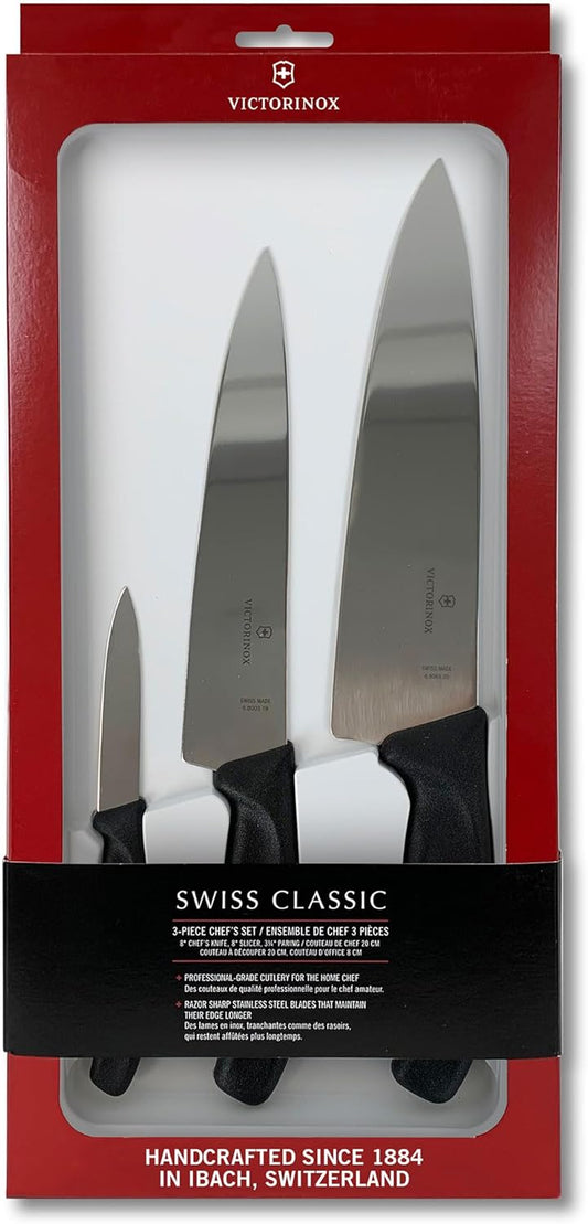 Victorinox ​Swiss Classic Chef's Knife Set - Balanced Cooking Knives for Kitchen Accessories - Ergonomic Meat, Vegetable & Fruit Knives - Black Handle, Straight Edge, 3-Piece Set