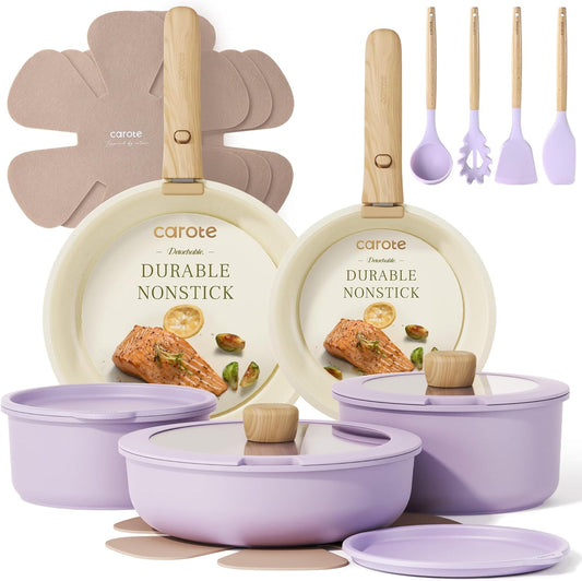 CAROTE Pots and Pans Set Non Stick, Cookware Sets, 19pcs Kitchen Set, Oven/Fridge Safe, Space Saving Pots Set, Nonstick Set with Versatile Removable/Detachable Handle, Induction RV Set, Purple
