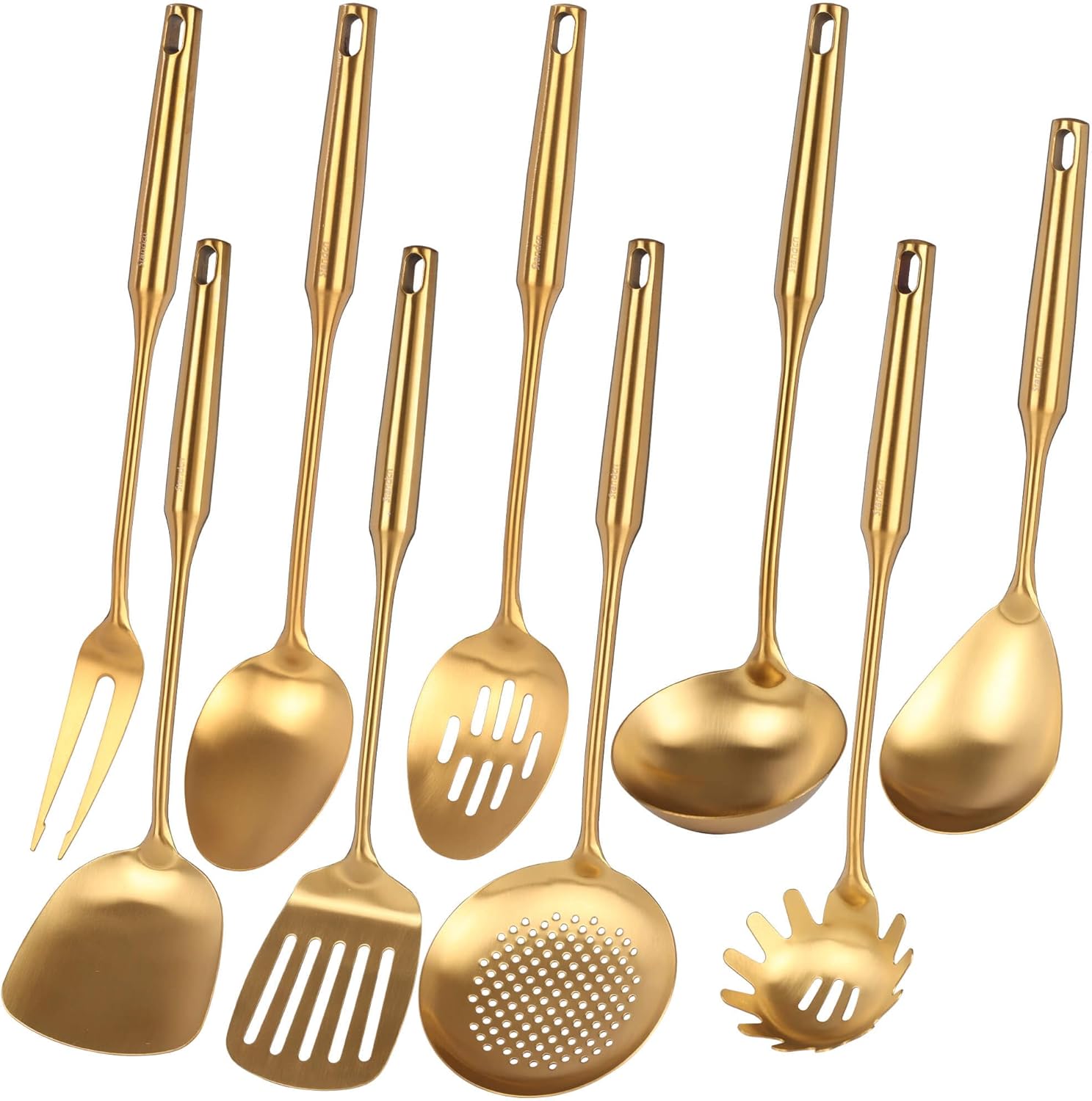 Gold Kitchen Utensils Set - 18\/10 Stainless Steel Cooking Tools, 15" All Metal Serving Utensils with Fork, Solid\/Slotted Spoon, Spatula, Ladle, Skimmer, Tunner, Pasta Spoon, Large Spoon, Set of 9
